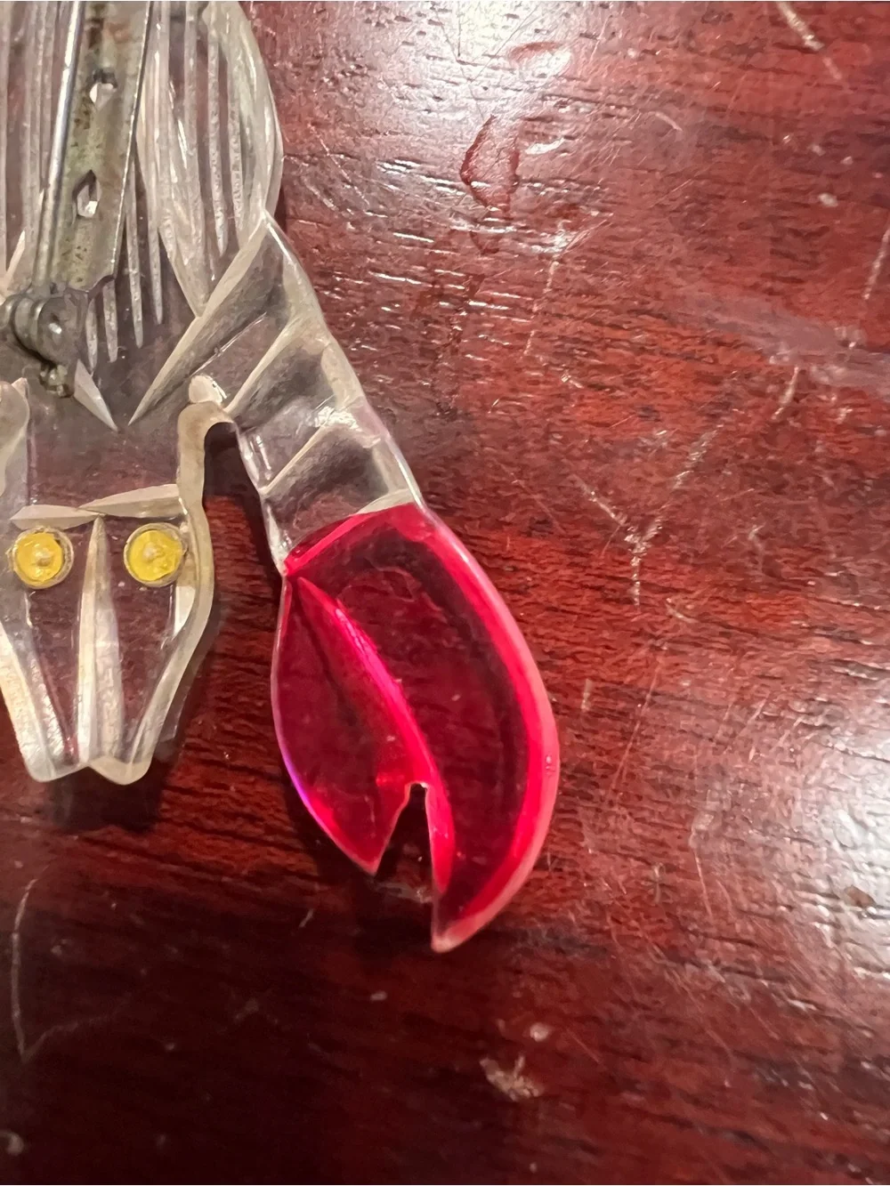 Vintage Clear and Red Carved Lucite Lobster/Crawfish Brooch 3 1/2